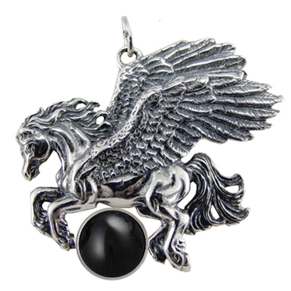 Sterling Silver Detailed Winged Horse Pegasus Pendant With Black Onyx